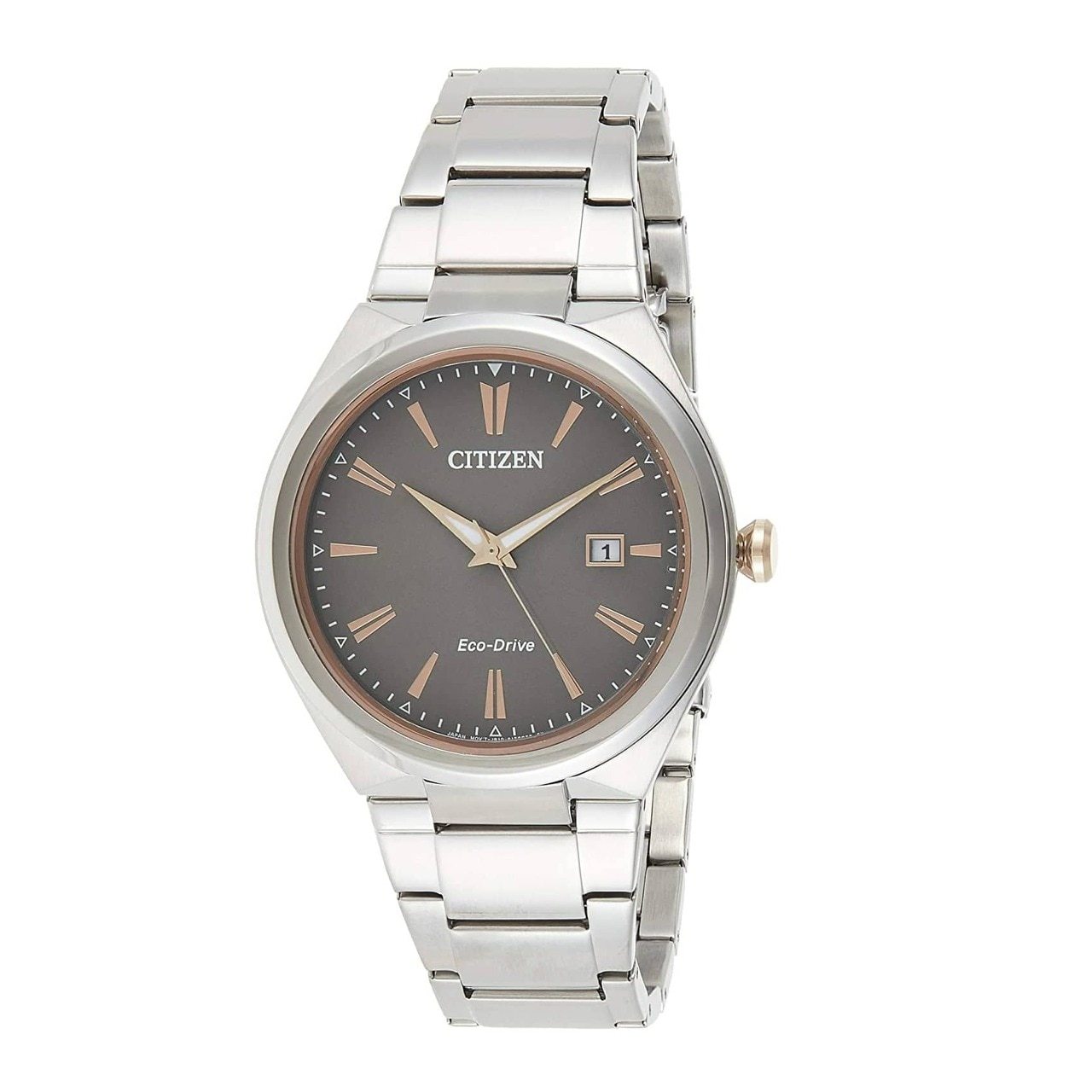 Citizen AW1376-55H Eco-Drive watch featuring a silver stainless steel case, grey dial, and rose gold accents.